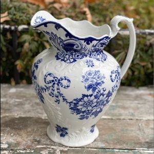 Vintage Antique HURON Flow blue & white floral ironstone pitcher